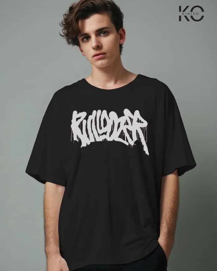 Image of Black color drop shoulder t-shirt with Bulldozer Print for men at reasonable price
